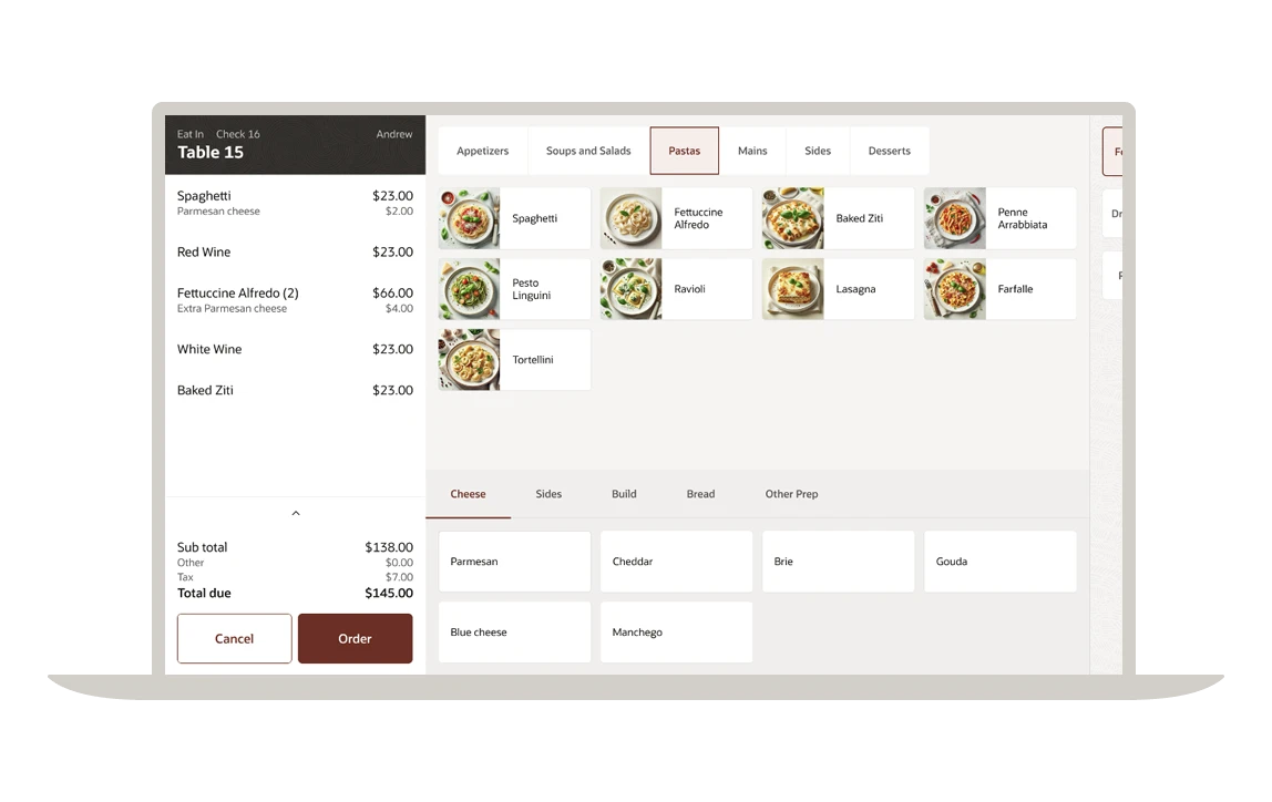 A Simphony POS order screen with an open check for a table, menu categories and item buttons